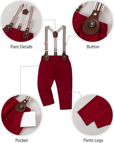 YUEMION Baby Boy Clothes Wedding Outfit Infant Tuxedo Gentleman Suits Dress Shirt+ Beret Hat +Suspender Pants +Bowtie 0-18M in Kuwait