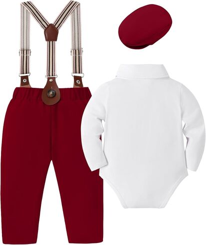 YUEMION Baby Boy Clothes Wedding Outfit Infant Tuxedo Gentleman Suits Dress Shirt+ Beret Hat +Suspender Pants +Bowtie 0-18M in Kuwait