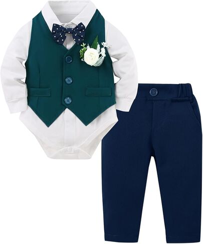 YUEMION Baby Boy Clothes Suit Infant Gentleman Wedding Outfit Formal Dress Shirt+Vest+Tie+Corsage+Pants 5Pcs Tuxedo Set 0-18M in Kuwait