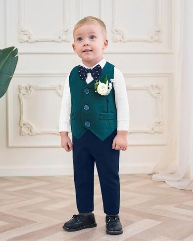YUEMION Baby Boy Clothes Suit Infant Gentleman Wedding Outfit Formal Dress Shirt+Vest+Tie+Corsage+Pants 5Pcs Tuxedo Set 0-18M in Kuwait