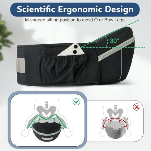 حاملة أطفال بمقعد الورك، حاملة أمامية مريحة لحديثي الولادة والأطفال الصغار، حزام خصر قابل للتعديل مع دعم قوي، تصميم بجيب كبير، رمادي in Kuwait