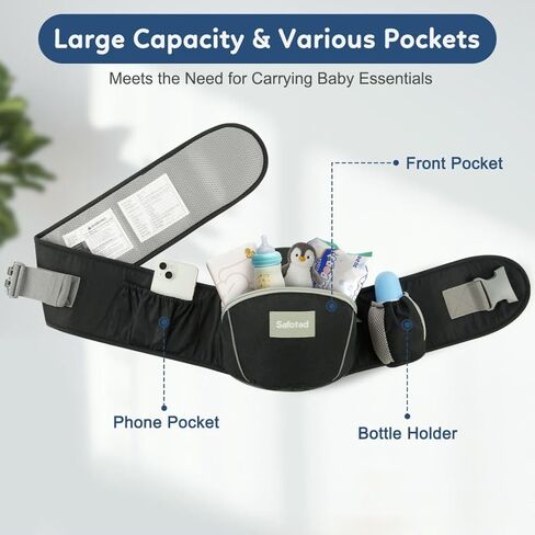 حاملة أطفال بمقعد الورك، حاملة أمامية مريحة لحديثي الولادة والأطفال الصغار، حزام خصر قابل للتعديل مع دعم قوي، تصميم بجيب كبير، رمادي in Kuwait