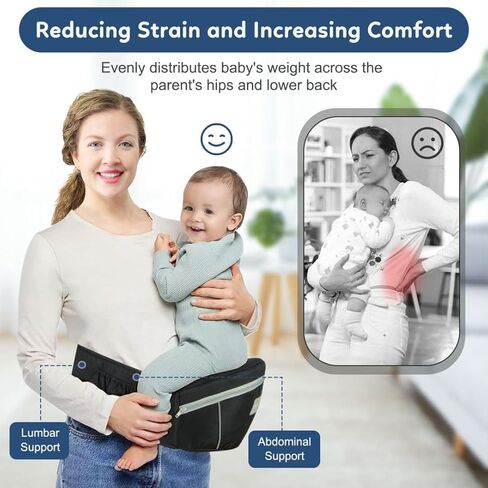 حاملة أطفال بمقعد الورك، حاملة أمامية مريحة لحديثي الولادة والأطفال الصغار، حزام خصر قابل للتعديل مع دعم قوي، تصميم بجيب كبير، رمادي in Kuwait