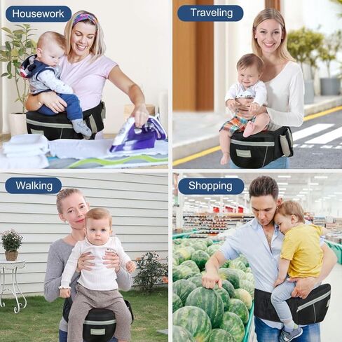 حاملة أطفال بمقعد الورك، حاملة أمامية مريحة لحديثي الولادة والأطفال الصغار، حزام خصر قابل للتعديل مع دعم قوي، تصميم بجيب كبير، رمادي in Kuwait