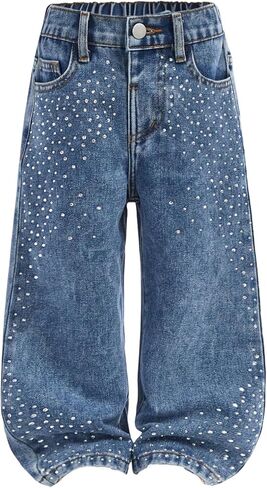 MakeMeChic Girl's Glitter Rhinestone Wide Leg Jeans Zip Fly Baggy Fall Y2K Denim Pants in Saudi Arabia