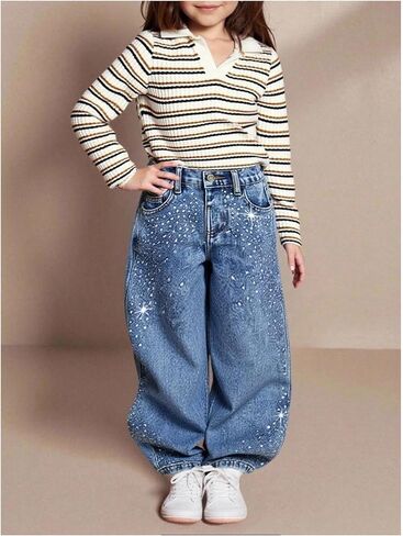 MakeMeChic Girl's Glitter Rhinestone Wide Leg Jeans Zip Fly Baggy Fall Y2K Denim Pants in Saudi Arabia