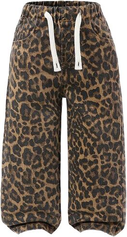 Verdusa Girl's Leopard Print Wide Leg Jeans Drawstring High Waisted Denim Pants Baggy Trousers in Saudi Arabia