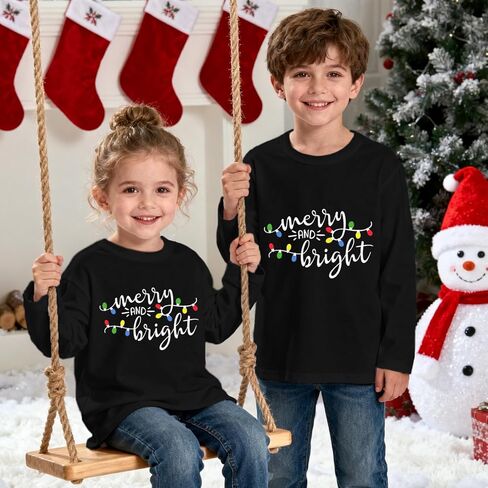 Toddler Christmas Long Sleeve Shirts Girls Boys Merry and Bright Shirt Christmas Lights Xmas Holiday Kids Tops in Kuwait