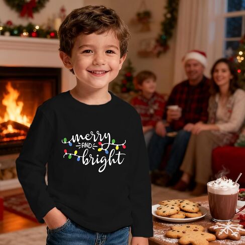 Toddler Christmas Long Sleeve Shirts Girls Boys Merry and Bright Shirt Christmas Lights Xmas Holiday Kids Tops in Kuwait