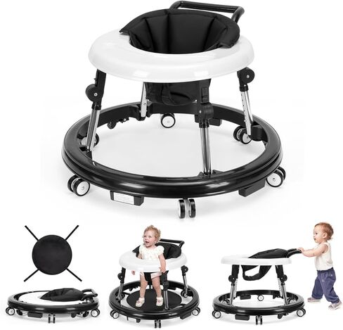 Baby Walker Foldable with 9 Adjustable Heights, Baby Walker with Wheels Portable, Infant Toddler Walker for Baby Boy Girls 6-18 Months (Black) in Saudi Arabia