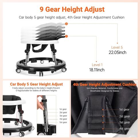 Baby Walker Foldable with 9 Adjustable Heights, Baby Walker with Wheels Portable, Infant Toddler Walker for Baby Boy Girls 6-18 Months (Black) in Saudi Arabia