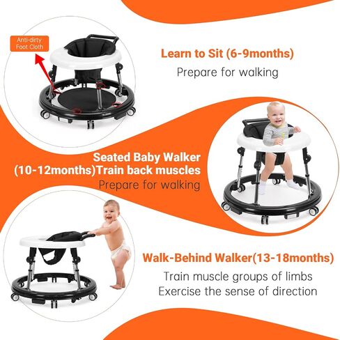 Baby Walker Foldable with 9 Adjustable Heights, Baby Walker with Wheels Portable, Infant Toddler Walker for Baby Boy Girls 6-18 Months (Black) in Saudi Arabia
