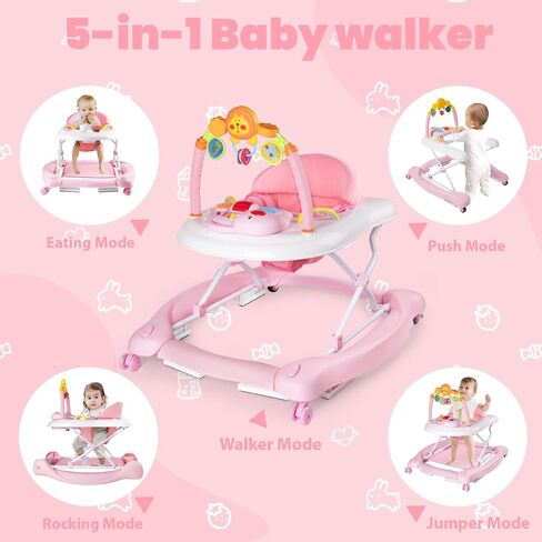 Baby Walker, 5-in-1 Baby Walkers for Boys and Girls 6-12 Months with Bouncer, Removable Footrest, Feeding Tray & Music, Foldable & Adjustable Activity Walker for 6-18 Months Toddler Infant in Saudi Arabia