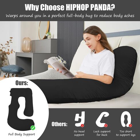 وسادة الحمل على شكل حرف U من HIPHOP PANDA للنوم - وسادة دعم الأمومة لكامل الجسم مع غطاء قابل للإزالة - مريحة للظهر والوركين والساقين والبطن - 57 بوصة للنساء الحوامل، أسود in Kuwait