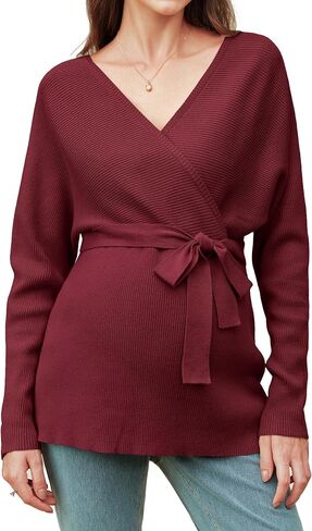 OUGES Womens Soft Cotton Blend Maternity Sweater Wrap V Neck Long Sleeve V Back Fall Shirts Pregnancy Outfits with Belt in Saudi Arabia
