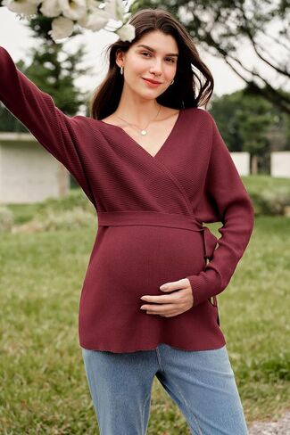 OUGES Womens Soft Cotton Blend Maternity Sweater Wrap V Neck Long Sleeve V Back Fall Shirts Pregnancy Outfits with Belt in Saudi Arabia