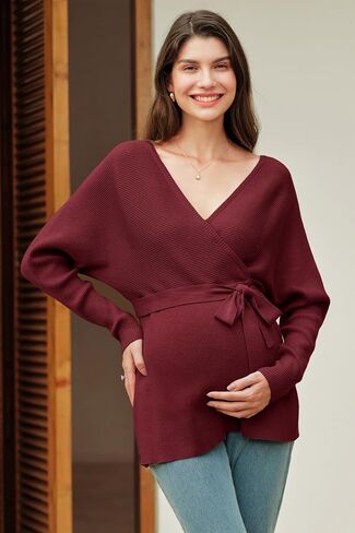 OUGES Womens Soft Cotton Blend Maternity Sweater Wrap V Neck Long Sleeve V Back Fall Shirts Pregnancy Outfits with Belt in Saudi Arabia