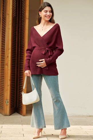 OUGES Womens Soft Cotton Blend Maternity Sweater Wrap V Neck Long Sleeve V Back Fall Shirts Pregnancy Outfits with Belt in Saudi Arabia