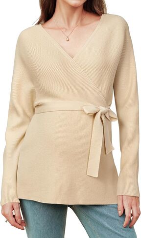OUGES Womens Soft Cotton Blend Maternity Sweater Wrap V Neck Long Sleeve V Back Fall Shirts Pregnancy Outfits with Belt in Saudi Arabia