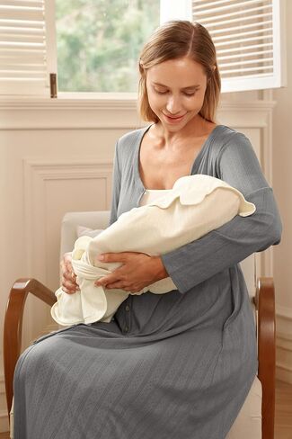 OUGES Cotton Blend Maternity Pajamas Nightgown Button Down Nursing Gown Labor Delivery Breastfeeding Dress with Pockets in Saudi Arabia