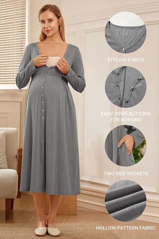 OUGES Cotton Blend Maternity Pajamas Nightgown Button Down Nursing Gown Labor Delivery Breastfeeding Dress with Pockets in Saudi Arabia