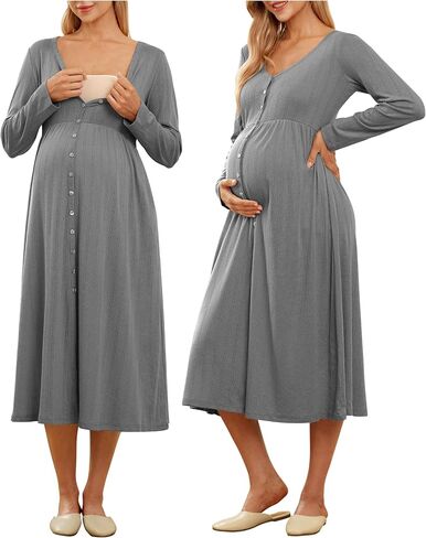 OUGES Cotton Blend Maternity Pajamas Nightgown Button Down Nursing Gown Labor Delivery Breastfeeding Dress with Pockets in Saudi Arabia