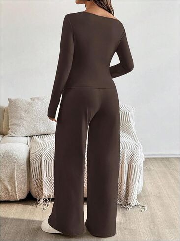 ملابس حمل نسائية من MakeMeChic مكونة من قطعتين ملابس خريفية بلوزات وسراويل غير متماثلة مجموعات متطابقة للحمل بني متوسط in Saudi Arabia
