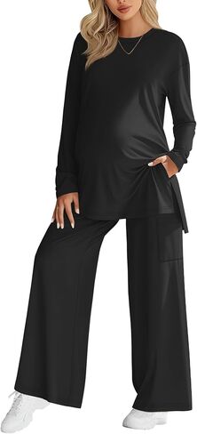 Women's Maternity Lounge Sets 2 Piece Outfits Long Sleeve Side Slit Shirts Casual Wide Leg Pants with Pockets in Saudi Arabia