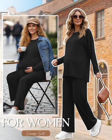 Women's Maternity Lounge Sets 2 Piece Outfits Long Sleeve Side Slit Shirts Casual Wide Leg Pants with Pockets in Saudi Arabia
