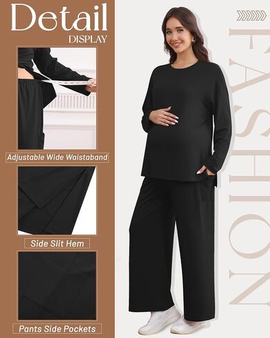 Women's Maternity Lounge Sets 2 Piece Outfits Long Sleeve Side Slit Shirts Casual Wide Leg Pants with Pockets in Saudi Arabia