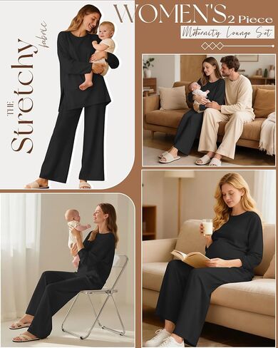 Women's Maternity Lounge Sets 2 Piece Outfits Long Sleeve Side Slit Shirts Casual Wide Leg Pants with Pockets in Saudi Arabia