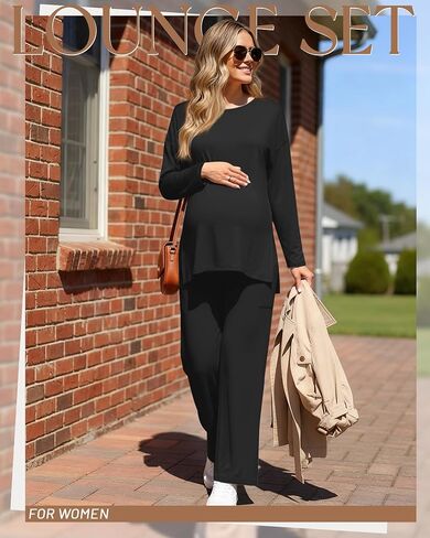 Women's Maternity Lounge Sets 2 Piece Outfits Long Sleeve Side Slit Shirts Casual Wide Leg Pants with Pockets in Saudi Arabia