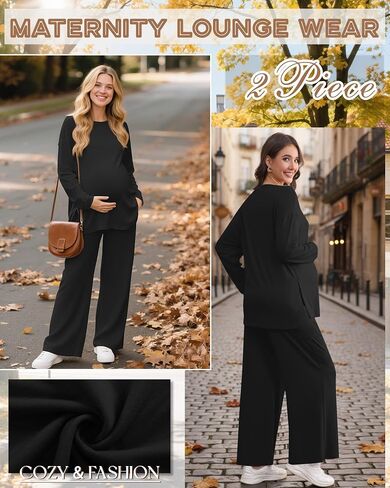 Women's Maternity Lounge Sets 2 Piece Outfits Long Sleeve Side Slit Shirts Casual Wide Leg Pants with Pockets in Saudi Arabia