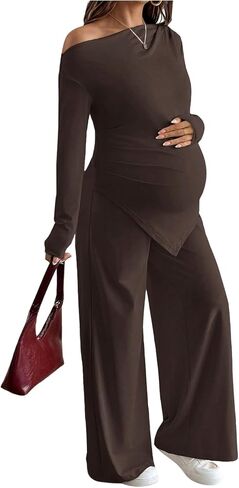 MakeMeChic Women's Maternity Clothes 2 Piece Fall Outfits Asymmetrical Top and Pants Pregnancy Matching Sets Brown Large in Saudi Arabia