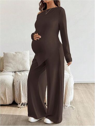 MakeMeChic Women's Maternity Clothes 2 Piece Fall Outfits Asymmetrical Top and Pants Pregnancy Matching Sets Brown Large in Saudi Arabia