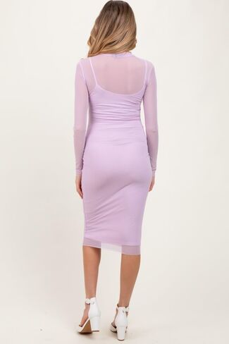 PinkBlush Light Mesh Overlay Fitted Maternity Midi Dress in Saudi Arabia