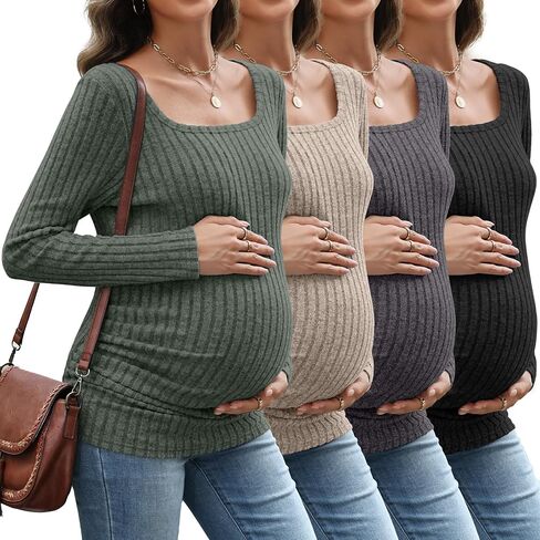4 قطع من قمصان الحمل النسائية، تي شيرتات للحمل بأكمام طويلة ورقبة مربعة وقمصان مكشكشة جانبية in Saudi Arabia