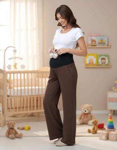سراويل الحمل النسائية واسعة الساق عالية الخصر كاجوال Palazzo Beach Pants مريحة للحمل in Kuwait