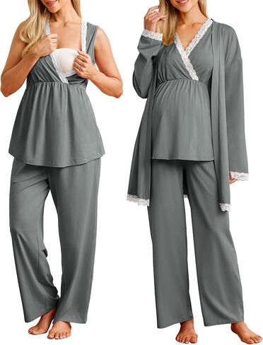OUGES Womens Cotton Blend Maternity Nursing Robe Set 3 PCS Postpartum 3 in 1 Labor Delivery Hospital Pjs Tank Top & Pants in Kuwait