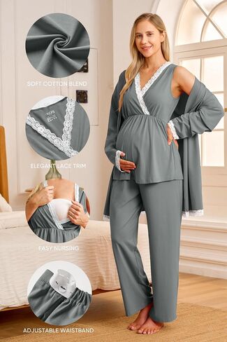 OUGES Womens Cotton Blend Maternity Nursing Robe Set 3 PCS Postpartum 3 in 1 Labor Delivery Hospital Pjs Tank Top & Pants in Kuwait