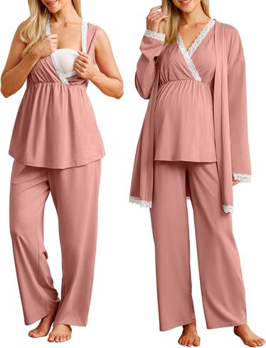 OUGES Womens Cotton Blend Maternity Nursing Robe Set 3 PCS Postpartum 3 in 1 Labor Delivery Hospital Pjs Tank Top & Pants in Kuwait