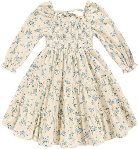Toddler Girl Dress Long Sleeve Baby Floral Smocked Square Neck Playwear Dress | Spring Fall Casual Dresses 1-6Y in Saudi Arabia
