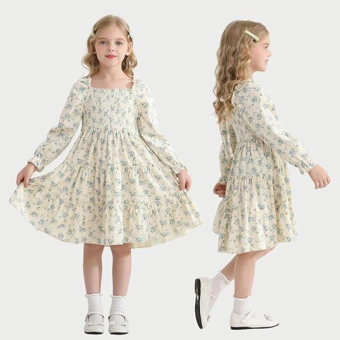 Toddler Girl Dress Long Sleeve Baby Floral Smocked Square Neck Playwear Dress | Spring Fall Casual Dresses 1-6Y in Saudi Arabia