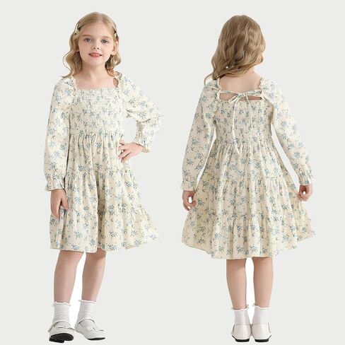 Toddler Girl Dress Long Sleeve Baby Floral Smocked Square Neck Playwear Dress | Spring Fall Casual Dresses 1-6Y in Saudi Arabia