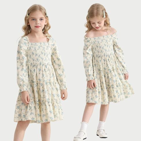 Toddler Girl Dress Long Sleeve Baby Floral Smocked Square Neck Playwear Dress | Spring Fall Casual Dresses 1-6Y in Saudi Arabia