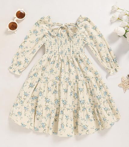 Toddler Girl Dress Long Sleeve Baby Floral Smocked Square Neck Playwear Dress | Spring Fall Casual Dresses 1-6Y in Saudi Arabia