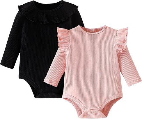 ROMPERINBOX Baby Girl Bodysuit 2 Pack, Long Sleeve Ribbed Knitted Onsies Ruffle Collar and Flutter Sleeve Fall Winter Clothes in Saudi Arabia
