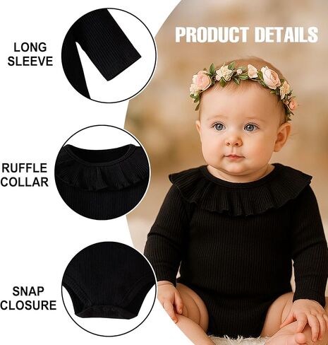ROMPERINBOX Baby Girl Bodysuit 2 Pack, Long Sleeve Ribbed Knitted Onsies Ruffle Collar and Flutter Sleeve Fall Winter Clothes in Saudi Arabia