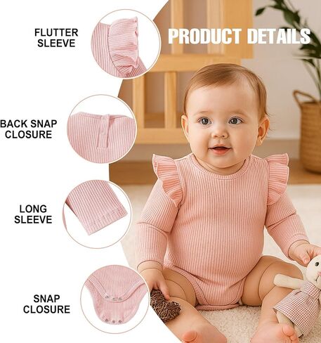ROMPERINBOX Baby Girl Bodysuit 2 Pack, Long Sleeve Ribbed Knitted Onsies Ruffle Collar and Flutter Sleeve Fall Winter Clothes in Saudi Arabia