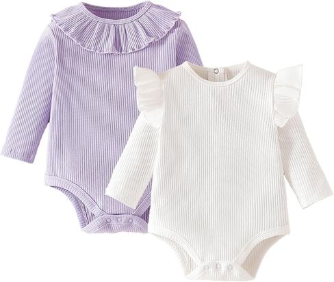 ROMPERINBOX Baby Girl Bodysuit 2 Pack, Long Sleeve Ribbed Knitted Onsies Ruffle Collar and Flutter Sleeve Fall Winter Clothes in Saudi Arabia